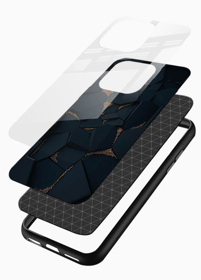 Midnight Gold Veins glossy vibrant premium glass back cover with dark marble and gold fracture lines - Angle Layers