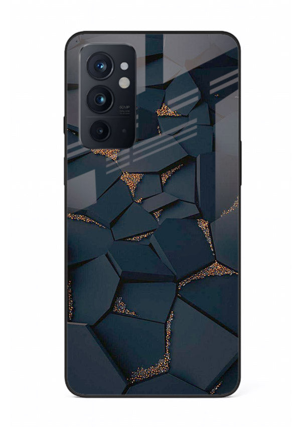 Midnight Gold Veins OnePlus 9RT glass back cover with dark marble and gold fracture lines