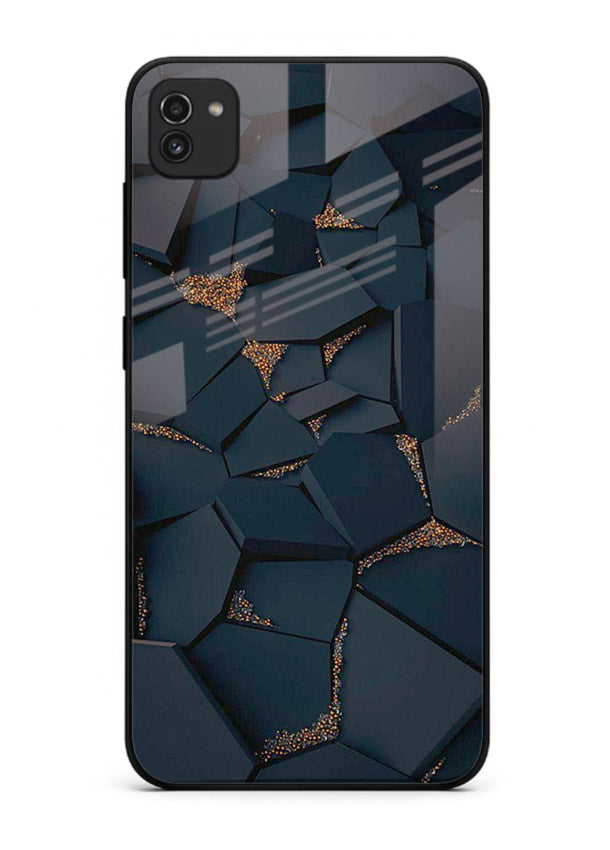 Midnight Gold Veins Samsung A03 glass back cover with dark marble and gold fracture lines