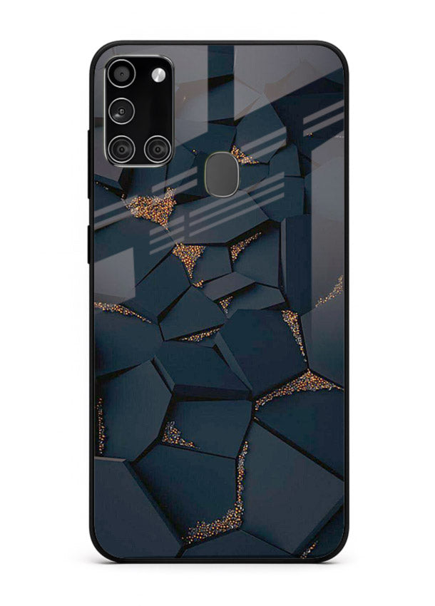 Midnight Gold Veins Samsung A21s glass back cover with dark marble and gold fracture lines