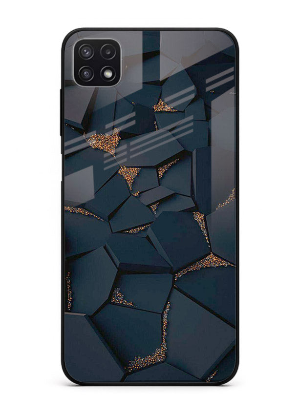 Midnight Gold Veins Samsung F42 5G glass back cover with dark marble and gold fracture lines