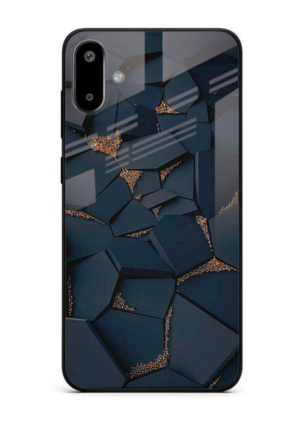 Midnight Gold Veins Samsung F06 5G glass back cover with dark marble and gold fracture lines