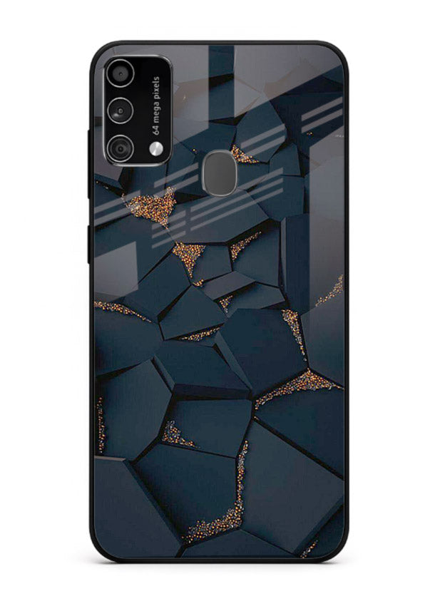 Midnight Gold Veins Samsung F41 glass back cover with dark marble and gold fracture lines