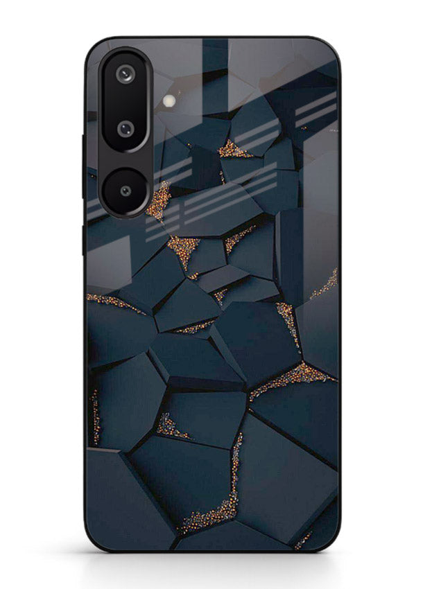Midnight Gold Veins Samsung F16 5G glass back cover with dark marble and gold fracture lines