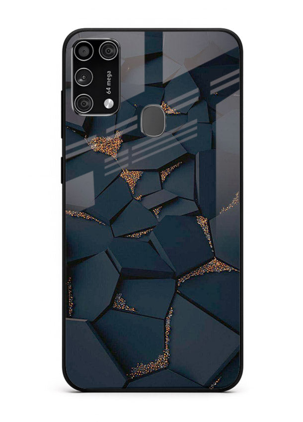 Midnight Gold Veins Samsung M31 Prime glass back cover with dark marble and gold fracture lines