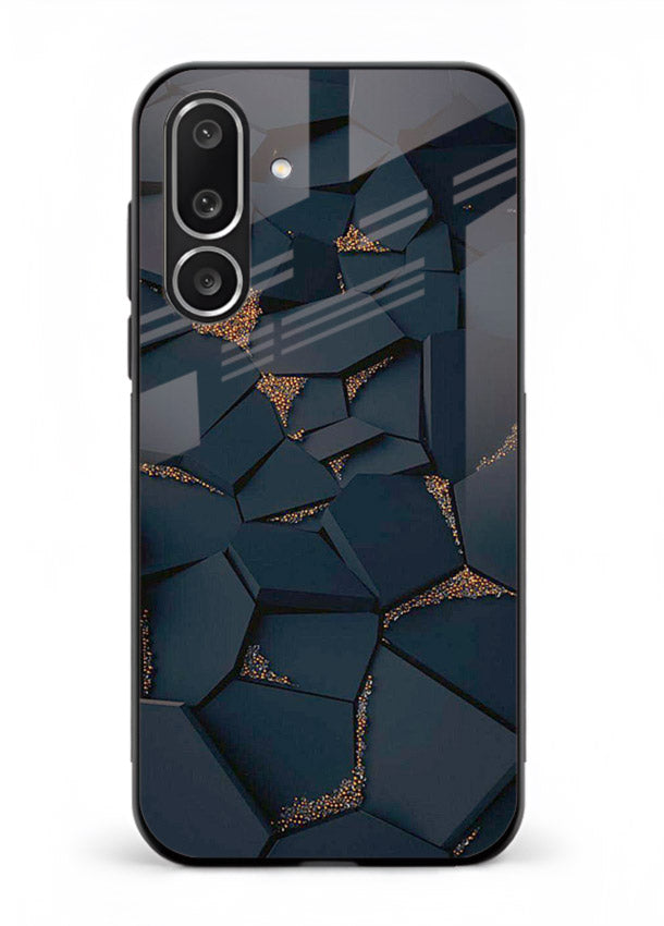 Midnight Gold Veins Samsung F56 5G glass back cover with dark marble and gold fracture lines