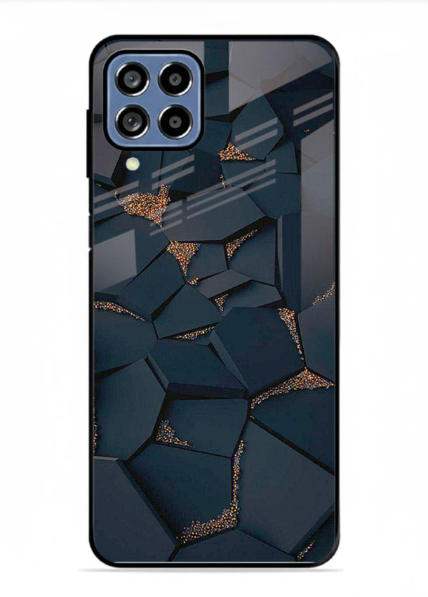 Midnight Gold Veins Samsung M33 5G glass back cover with dark marble and gold fracture lines