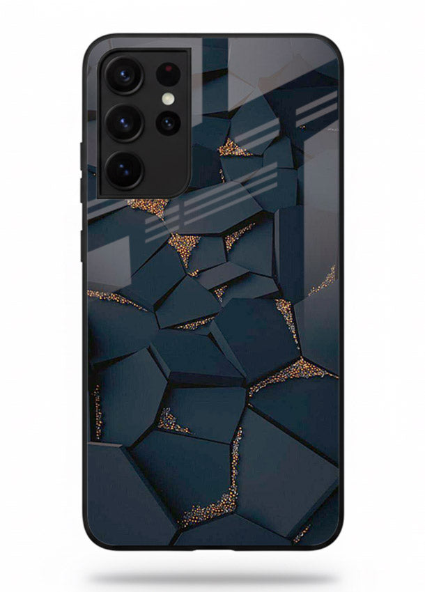 Midnight Gold Veins Samsung S21 Ultra glass back cover with dark marble and gold fracture lines