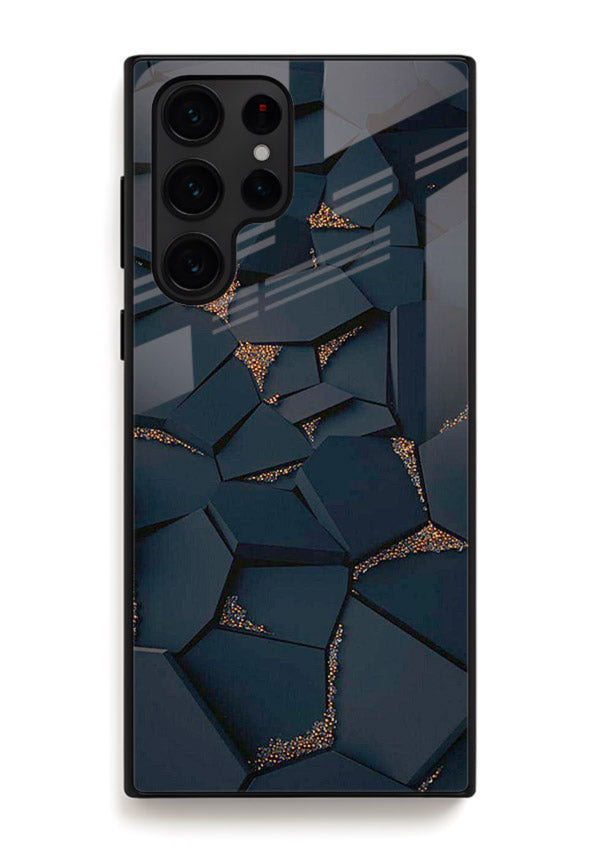Midnight Gold Veins Samsung S25 Ultra glass back cover with dark marble and gold fracture lines