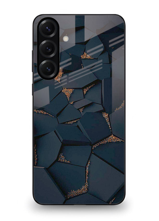 Midnight Gold Veins Samsung S24 FE glass back cover with dark marble and gold fracture lines