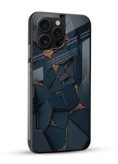 Midnight Gold Veins glossy vibrant premium glass back cover with dark marble and gold fracture lines - Angle Side