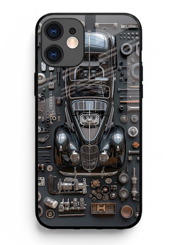 Black performance car surrounded by mechanical parts in dark flatlay design for iPhone 12 Back Cover