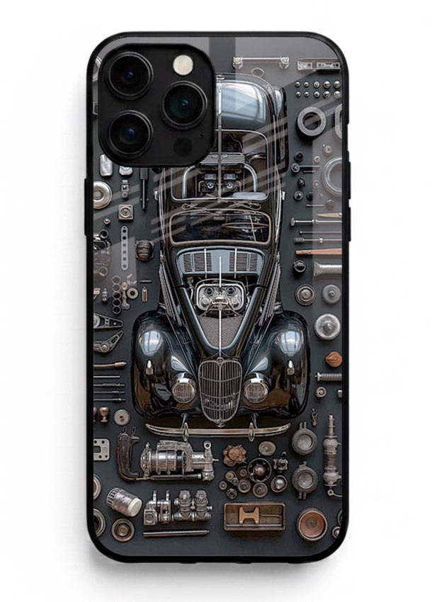 Black performance car surrounded by mechanical parts in dark flatlay design for iPhone 11 Pro Max Back Cover