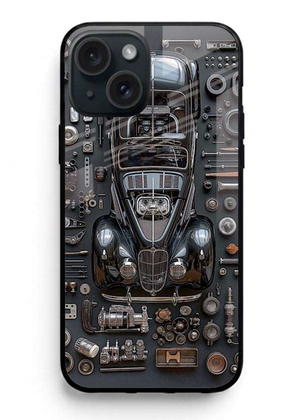Black performance car surrounded by mechanical parts in dark flatlay design for iPhone 15 Plus Back Cover