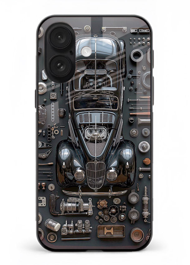 Black performance car surrounded by mechanical parts in dark flatlay design for iPhone 17 Back Cover