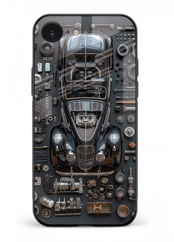 Black performance car surrounded by mechanical parts in dark flatlay design for iPhone 16E Back Cover