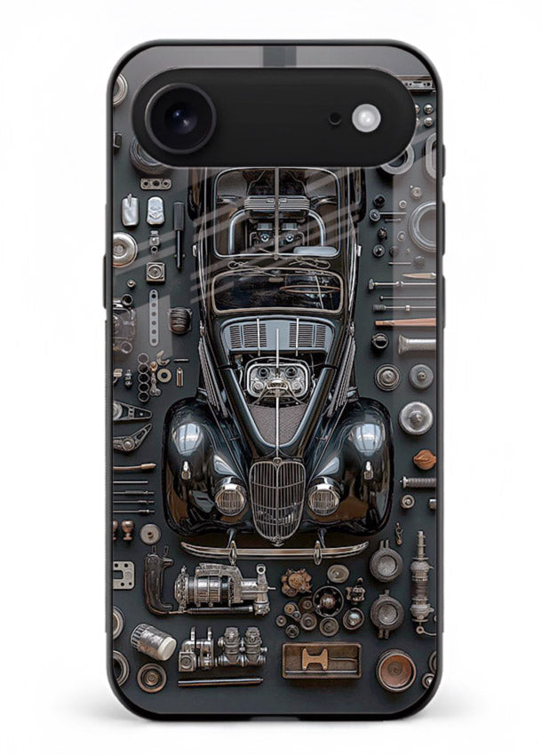 Black performance car surrounded by mechanical parts in dark flatlay design for iPhone 17 Air Back Cover
