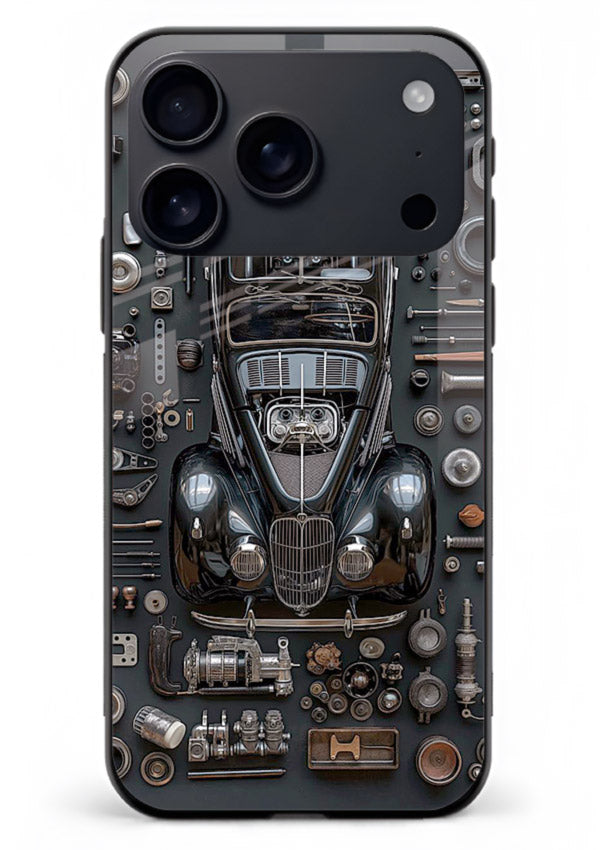 Black performance car surrounded by mechanical parts in dark flatlay design for iPhone 18 Pro Max Back Cover