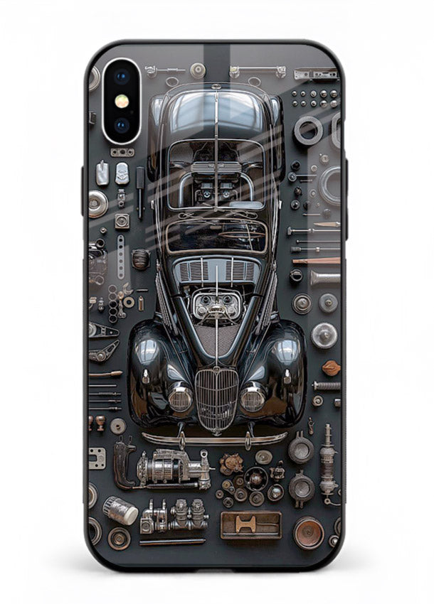 Black performance car surrounded by mechanical parts in dark flatlay design for iPhone XS Max Back Cover