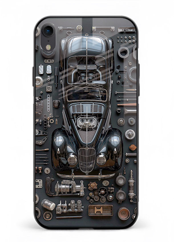 Black performance car surrounded by mechanical parts in dark flatlay design for iPhone XR Back Cover