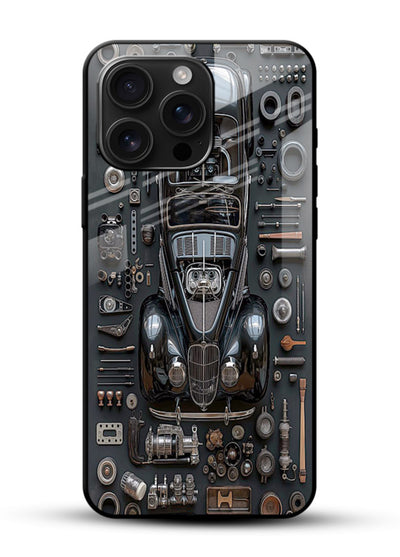 Black performance car surrounded by mechanical parts in dark flatlay design - 1