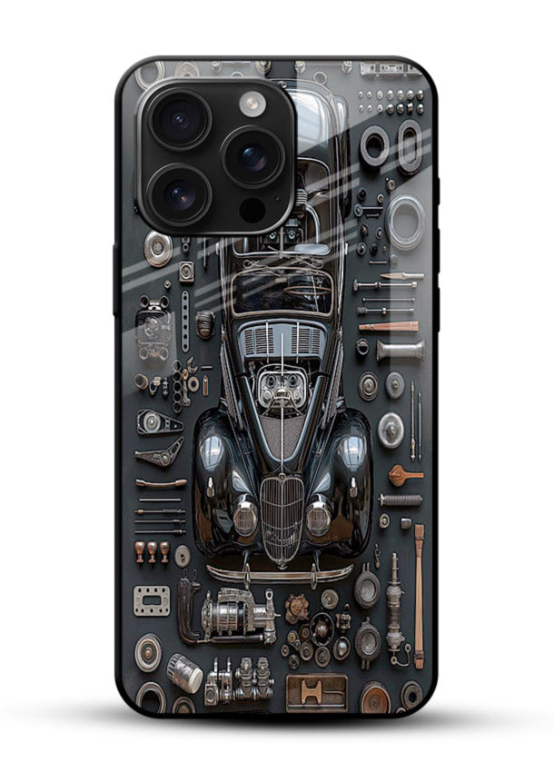 Black performance car surrounded by mechanical parts in dark flatlay design - 1