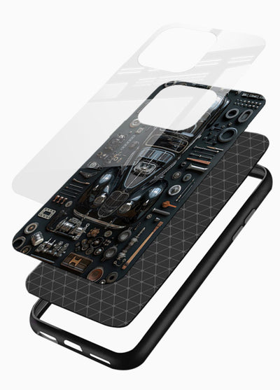 Black performance car surrounded by mechanical parts in dark flatlay design - 3