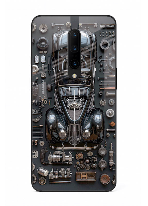 Black performance car surrounded by mechanical parts in dark flatlay design for OnePlus 7 Pro Back Cover