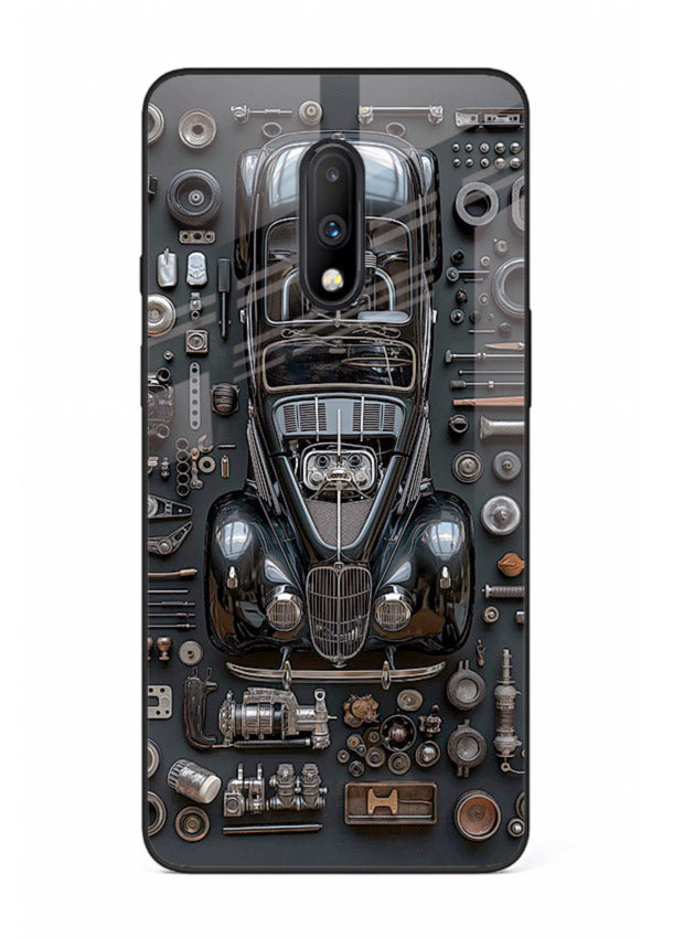 Black performance car surrounded by mechanical parts in dark flatlay design for OnePlus 7 Back Cover