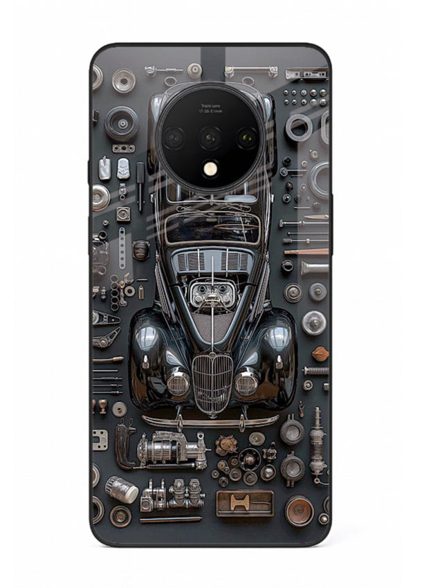 Black performance car surrounded by mechanical parts in dark flatlay design for OnePlus 7T Back Cover