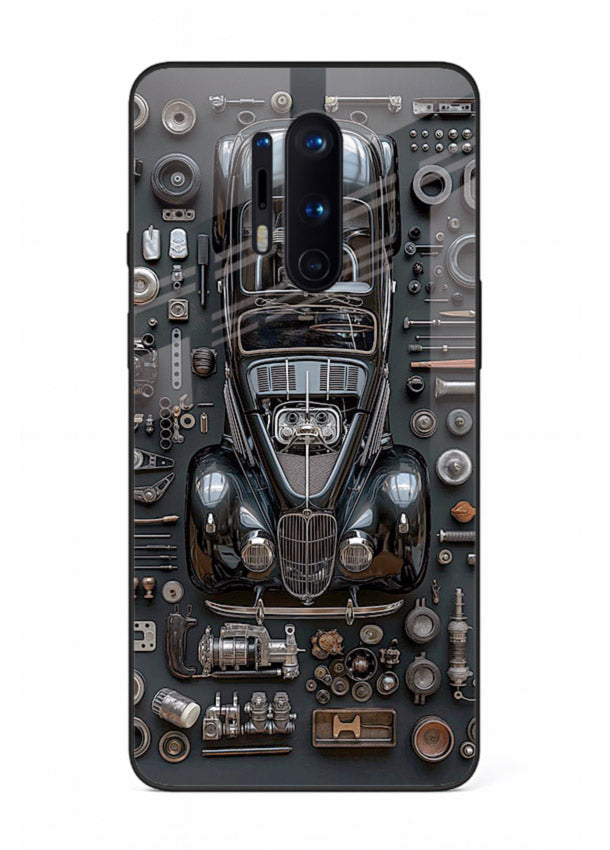 Black performance car surrounded by mechanical parts in dark flatlay design for OnePlus 8 Pro Back Cover