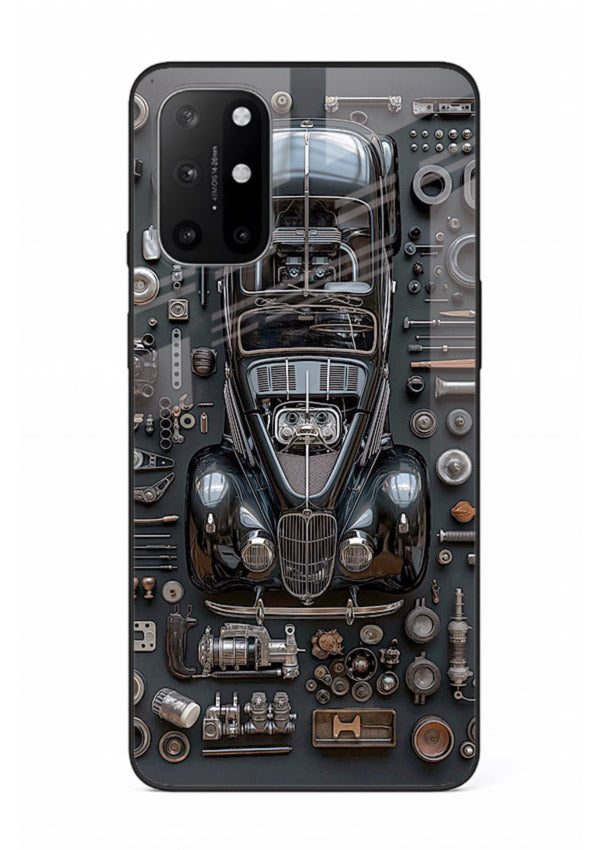 Black performance car surrounded by mechanical parts in dark flatlay design for OnePlus 8T Back Cover