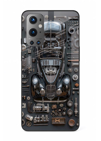 Black performance car surrounded by mechanical parts in dark flatlay design for OnePlus 9 Back Cover