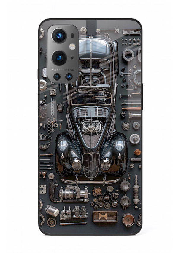 Black performance car surrounded by mechanical parts in dark flatlay design for OnePlus 9 Back Cover
