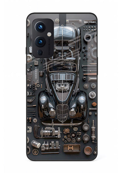Black performance car surrounded by mechanical parts in dark flatlay design for OnePlus 9 Pro Back Cover