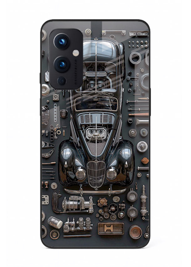 Black performance car surrounded by mechanical parts in dark flatlay design for OnePlus 9 Pro Back Cover
