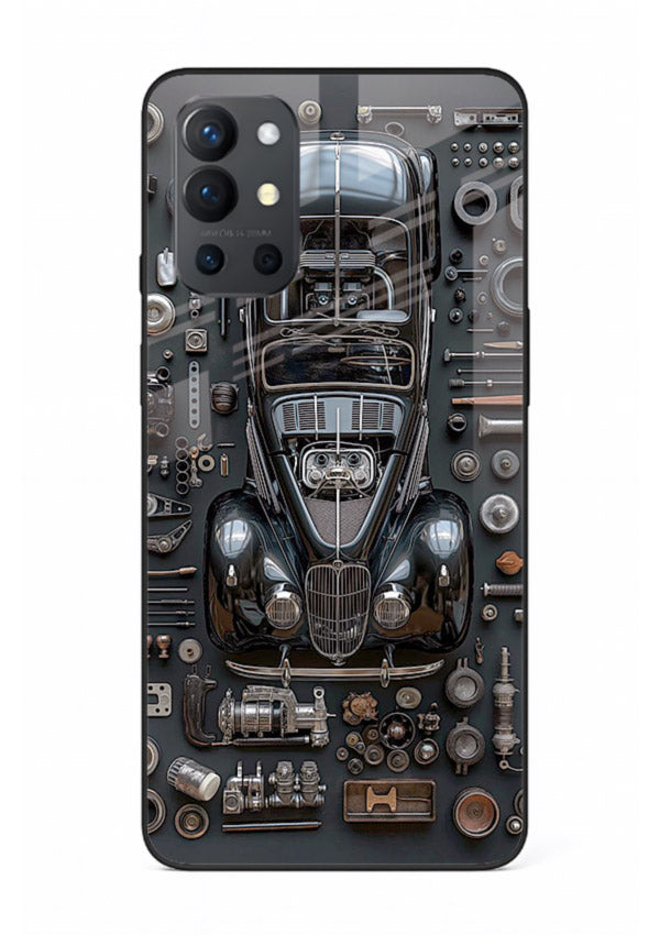 Black performance car surrounded by mechanical parts in dark flatlay design for OnePlus 9R Back Cover