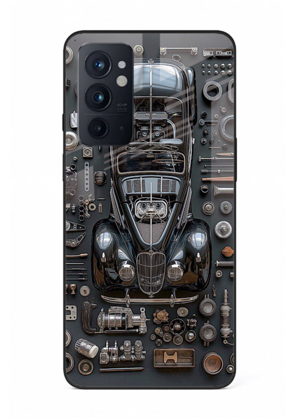 Black performance car surrounded by mechanical parts in dark flatlay design for OnePlus 9RT Back Cover