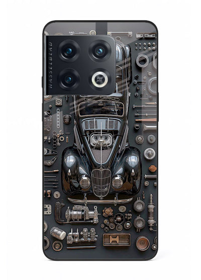 Black performance car surrounded by mechanical parts in dark flatlay design for OnePlus 10 Pro Back Cover