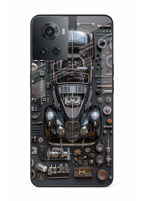 Black performance car surrounded by mechanical parts in dark flatlay design for OnePlus 10R Back Cover