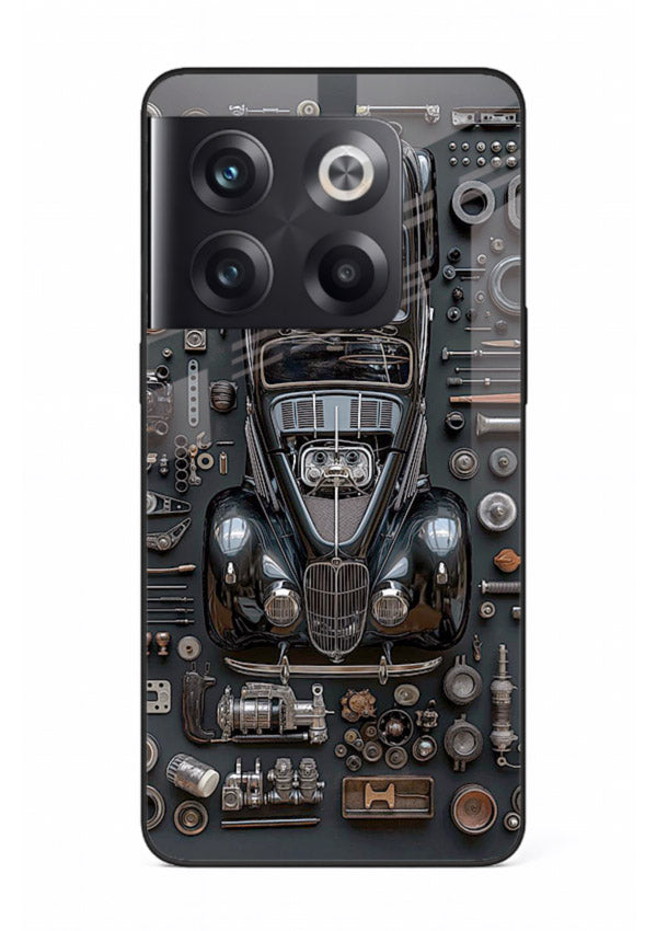 Black performance car surrounded by mechanical parts in dark flatlay design for OnePlus 10T Back Cover