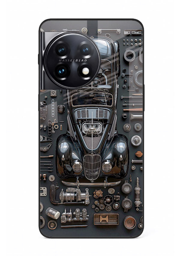 Black performance car surrounded by mechanical parts in dark flatlay design for OnePlus 11 Back Cover