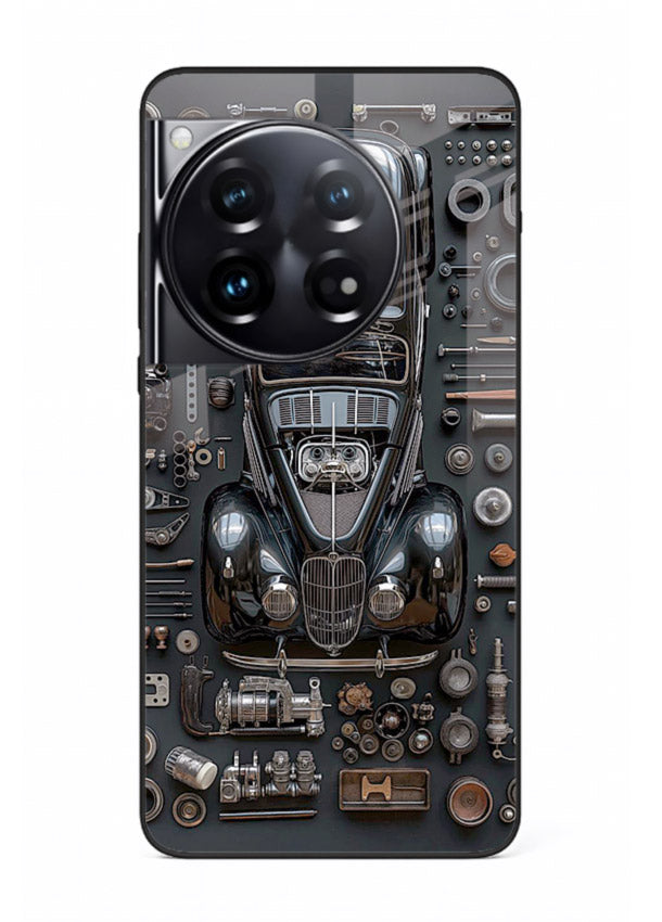 Black performance car surrounded by mechanical parts in dark flatlay design for OnePlus 12 Back Cover