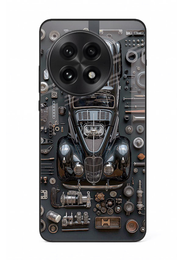 Black performance car surrounded by mechanical parts in dark flatlay design for OnePlus 13 Back Cover