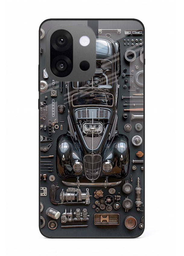 Black performance car surrounded by mechanical parts in dark flatlay design for OnePlus 13s Back Cover