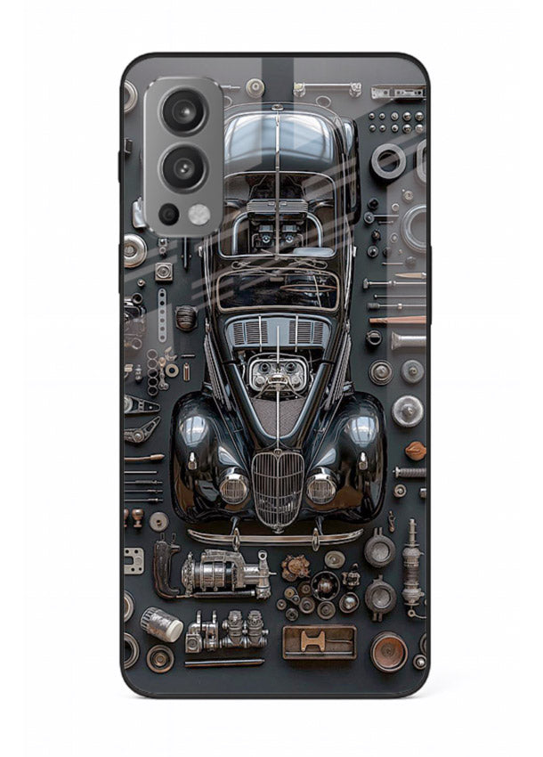 Black performance car surrounded by mechanical parts in dark flatlay design for OnePlus Nord 2 Back Cover