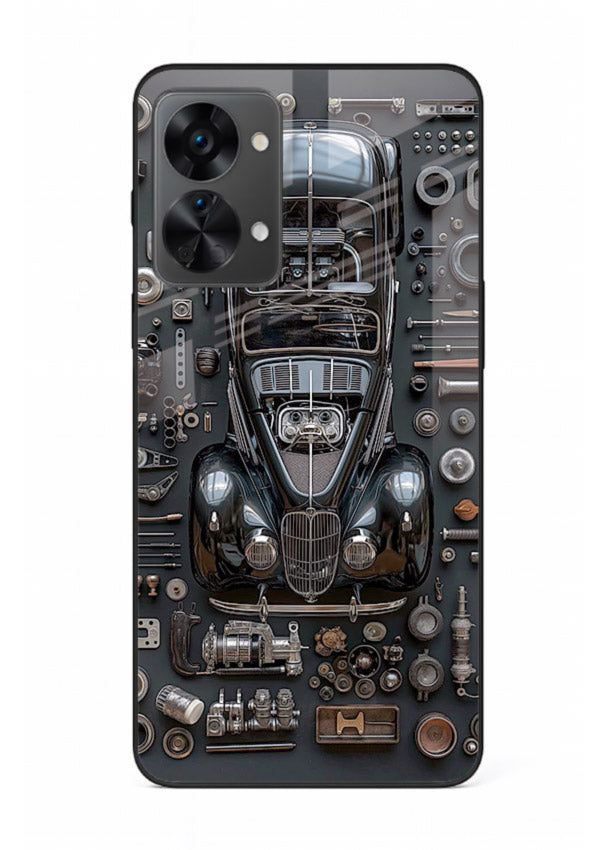 Black performance car surrounded by mechanical parts in dark flatlay design for OnePlus Nord 2T Back Cover
