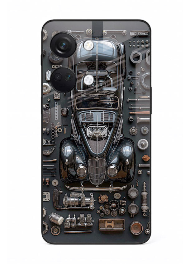 Black performance car surrounded by mechanical parts in dark flatlay design for OnePlus Nord 3 Back Cover
