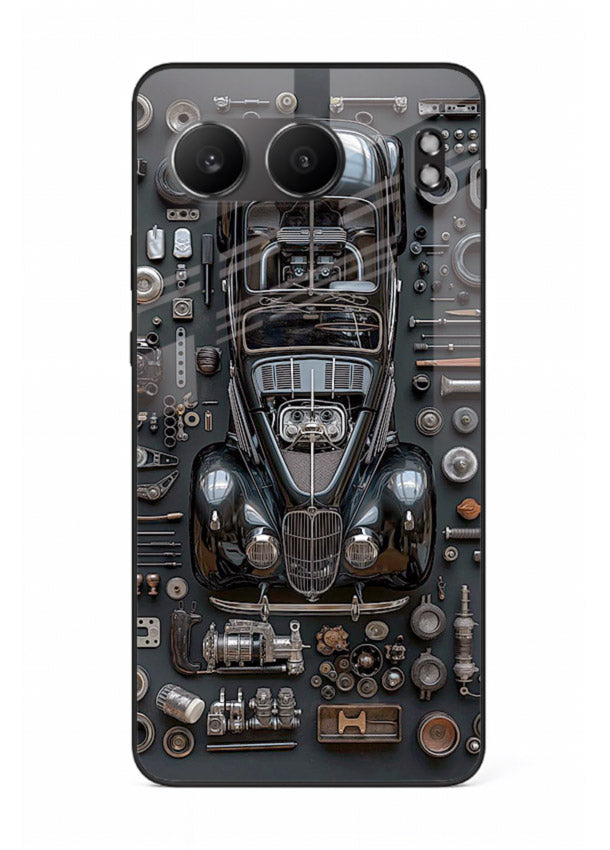 Black performance car surrounded by mechanical parts in dark flatlay design for OnePlus Nord 4 Back Cover