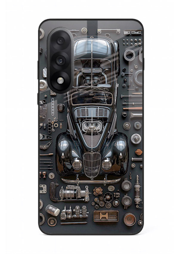 Black performance car surrounded by mechanical parts in dark flatlay design for OnePlus Nord 5 Back Cover